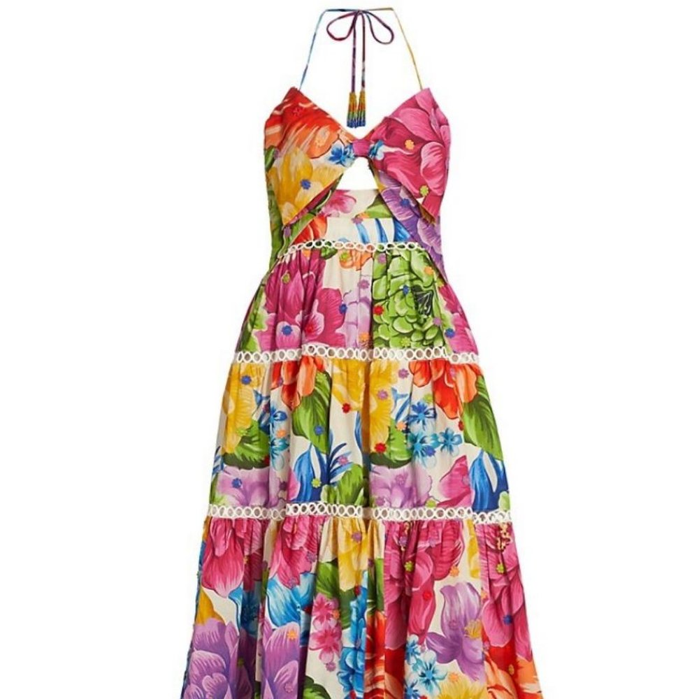 FARM Rio - Rainbow Chita Floral-Print Midi Dress - SMALL (NWT)